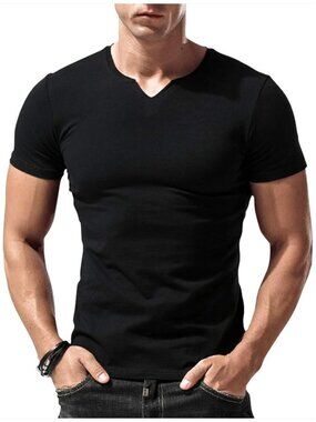 Men's Slim Fit Cotton V Neck Athletic Shirt Long Sleeve